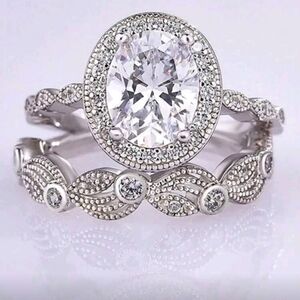 2pcs Elegant 925 Silver Round Cut Cubic Zirconia Ring Set size 7